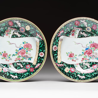 A pair of fine Chinese famille rose black-ground 'scrolls and flowers' plates, Yongzheng/Qianlong