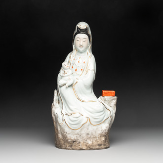 A Chinese gilt- and iron-red-decorated white-glazed figure of Guanyin, Cai Yongxin 蔡永新造 mark, 20th C.