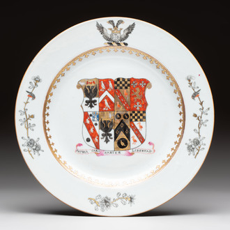 A Chinese armorial plate with the arms of Bouverie quartering Urry and Clarke impaling Pleydell for the English market, Qianlong, ca. 1748