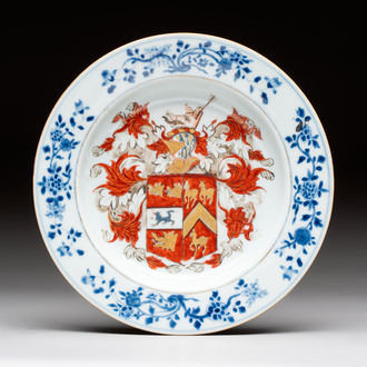 A rare Chinese Imari-style armorial soup plate with the arms of Gough impaling Hynde for the English market, Kangxi, ca. 1720