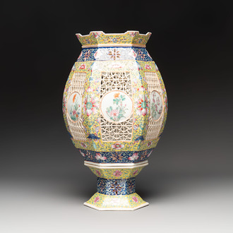 A Chinese famille rose yellow-ground hexagonal lantern and stand, Republic