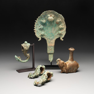 Three palanquin hooks, a bronze sculpture of naga Mucalinda and an elephant-form kendi, Cambodia, 13th C. and earlier