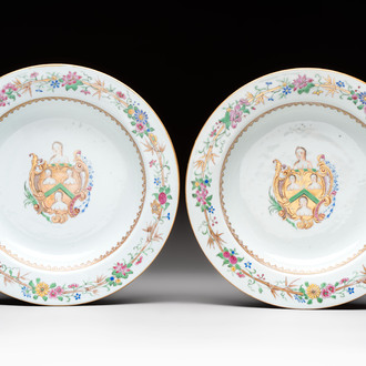 A pair of Chinese famille rose armorial soup plates with the arms of William Ellis for the English market, Qianlong, ca. 1755