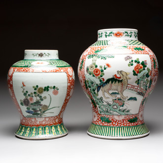 Two Chinese famille verte 'flowers and mythical animals' vases, 19th C.