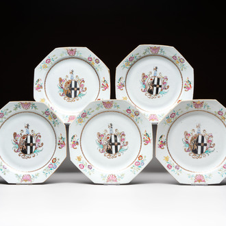 A set of five Chinese famille rose armorial plates with the arms of Simpson impaling Brydges for the English market, Qianlong, ca. 1760