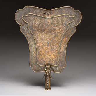 A Chinese brass fan-form temple sign with dragon and phoenix design, Xuantong and Yue Sheng Tang 悅勝堂 mark, dated 1911