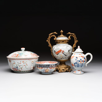 A Chinese famille verte covered bowl, a Dutch-decorated bowl, a gilt-bronze mounted pot-pourri vase and an Imari-style covered jug, Kangxi/Qianlong