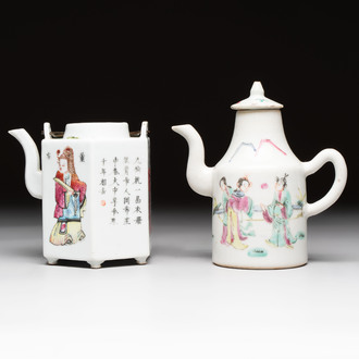 A Chinese famille rose 'Wu Shuang Pu' teapot and a famille rose covered wine pot, 19th C.