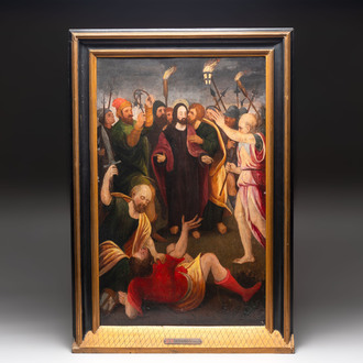 Pieter Claeissens the Elder (Bruges, 1499-1576): 'The Betrayal of Christ', oil on panel, 16th C.
