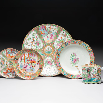 Four Chinese Canton famille rose plates and a covered double-teapot, 19th C.