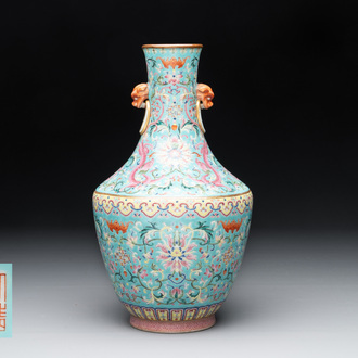 An imperial Chinese famille rose turquoise-ground 'chilong and flower scrolls' vase, Jiaqing mark and of the period