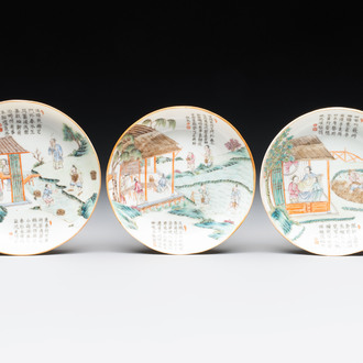 Three Chinese famille rose plates with narrative design, Tongzhi mark and of the period