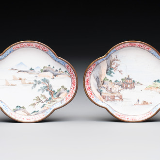 A pair of Chinese Canton enamel quadrifoil 'riverscape' saucers, Yi Qi 亦奇 mark, 18th C.