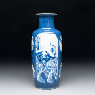 A Chinese blue and white powder-blue-ground 'Zhang Qian Cheng Cha 張騫乘槎' rouleau vase, Kangxi