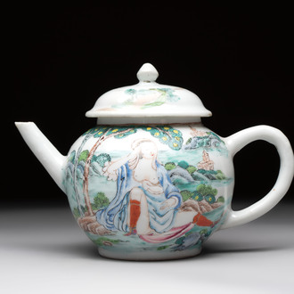 A rare Chinese famille rose teapot with an erotic depiction of a European lady, Yongzheng