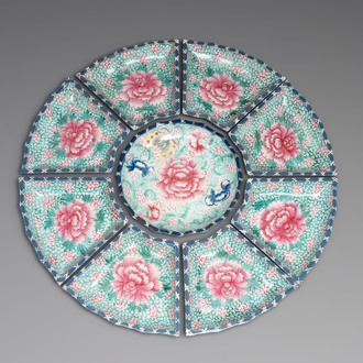 A rare Chinese enamelled Yixing stoneware nine-piece 'peonies' sweetmeat set, 19th C.