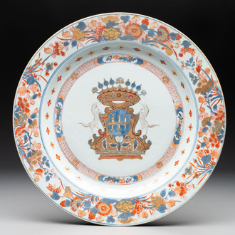 A rare Chinese Imari-style armorial dish with the arms of Ferrand for the French market, Kangxi, ca. 1715