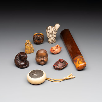 A varied collection of eight Japanese netsukes and a wooden case, signed Daimyo 大明, Hinode 日出 and Chikusen 竹仙, 19th C.