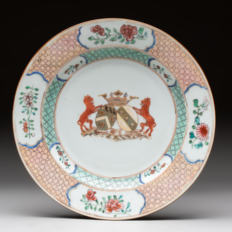 A Chinese armorial soup plate with the coat of alliance of Boudaen Courten and Boudaert for the Dutch market, Yongzheng, ca. 1733-1735