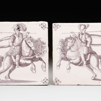 Two manganese Dutch Delft tiles with horse riders, 18th C.