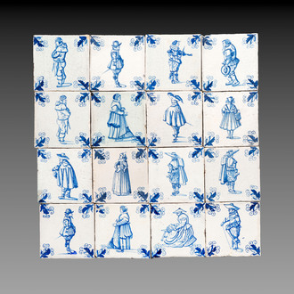 16 blue and white Dutch Delft tiles with oak leaf corners, 17th C.