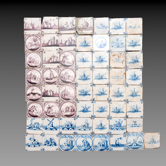 57 blue, white, and manganese Dutch Delft and Bruges tiles, including examples from the Pulinckx workshop, 18/19th C.