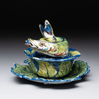 A rare polychrome Dutch Delft pike tureen and cover on stand, 18th C.