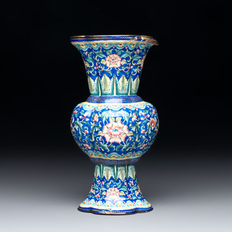 A Chinese Canton enamel blue-ground quadrifoil vase, Jiaqing