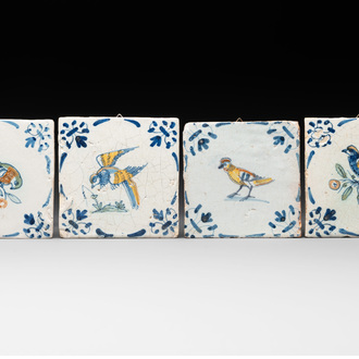 Four polychrome Dutch Delft 'bird' tiles, 17th C.