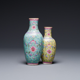 A Chinese famille rose conjoined vase with lotus scrolls, Qianlong mark, 19th C.
