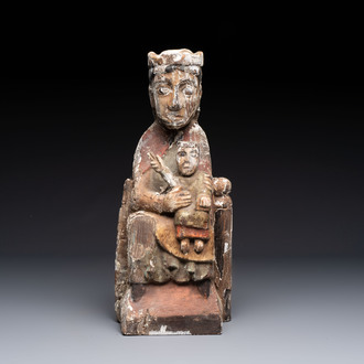 A polychromed carved wooden 'Sedes Sapientia' or Madonna with child, probably Spain, 20th C.