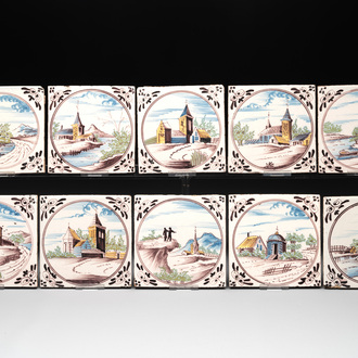 Ten polychrome Dutch Delft 'landscape' medallion tiles, 19th C.