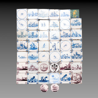 43 blue, white and manganese Dutch Delft tiles and one polychrome tile, 18th C. and later