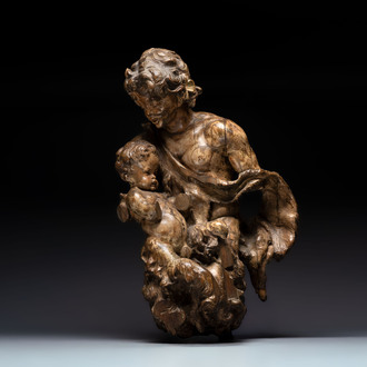 A German lindenwood sculpted group of fauns with traces of polychromy, circle of Balthasar Permoser, ca. 1700
