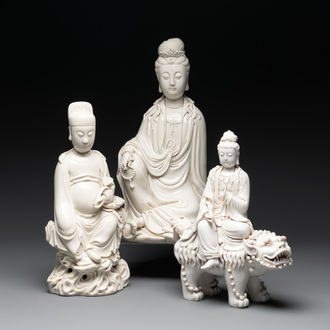 Three Chinese Dehua blanc de Chine figures of Guanyin and Wenchang, He Chaozong 何朝宗 and Dehua 德化 marks, 20th C.