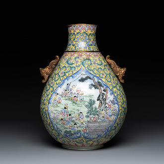 A Chinese Canton enamel '100 boys' 'hu' vase, 20th C.