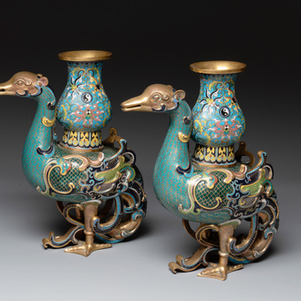 A pair of Chinese cloisonné duck-form vases, 19/20th C.