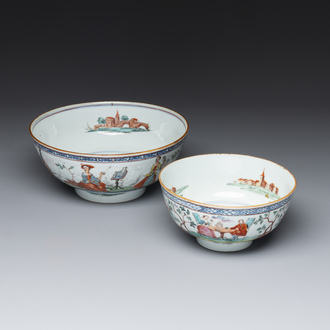 Two Dutch-decorated Chinese blue and white bowls with figures and landscapes, Qianlong