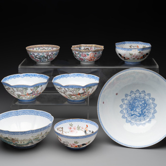 A varied collection of eight Chinese famille rose eggshell bowls, Jingdezhen mark, 20th C.