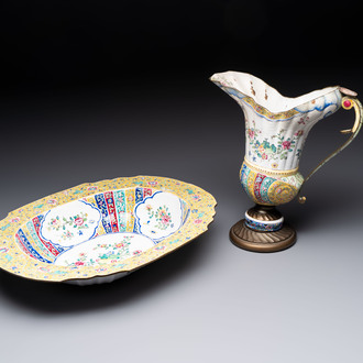 A Chinese Canton enamel helm-shaped ewer and an oval basin, Qianlong