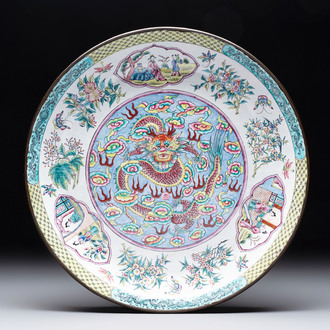 A Chinese Canton enamel 'dragon' dish, Kangxi mark, 19th C.