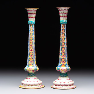 A pair of Chinese Canton enamel 'lotus' candlesticks, Yongzheng