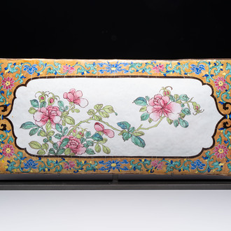 A large rectangular Chinese gold-yellow-ground Canton enamel plaque with fine floral design, Yongzheng
