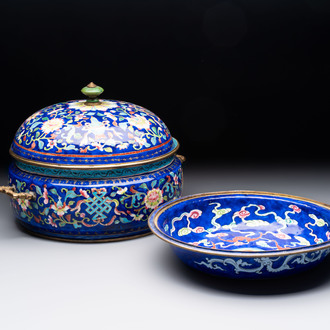 A Chinese Canton enamel three-piece warming bowl or tureen, Qianlong