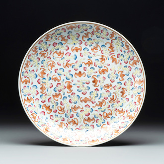 A Chinese famille rose 'bats among the clouds' dish, Guangxu mark, 20th C.