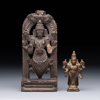 A Indian soapstone figure of Vishnu and a small bronze figure of Vishnu, 18/19th C.