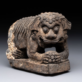 A grey stoneware Buddhist lion, Southeast Asia, 19th C.