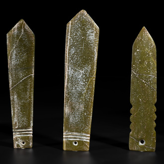 Three Chinese green nephrite jade ceremonial blades, possibly Shang, 12th C. B.C.