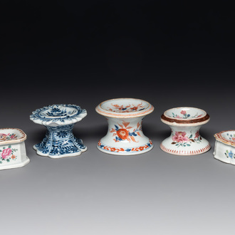 A collection of five Chinese blue and white, famille rose and Imari-style salts, Kangxi/Qianlong
