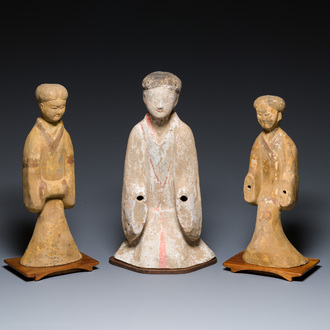 Three Chinese cold painted pottery figures of ladies, Han